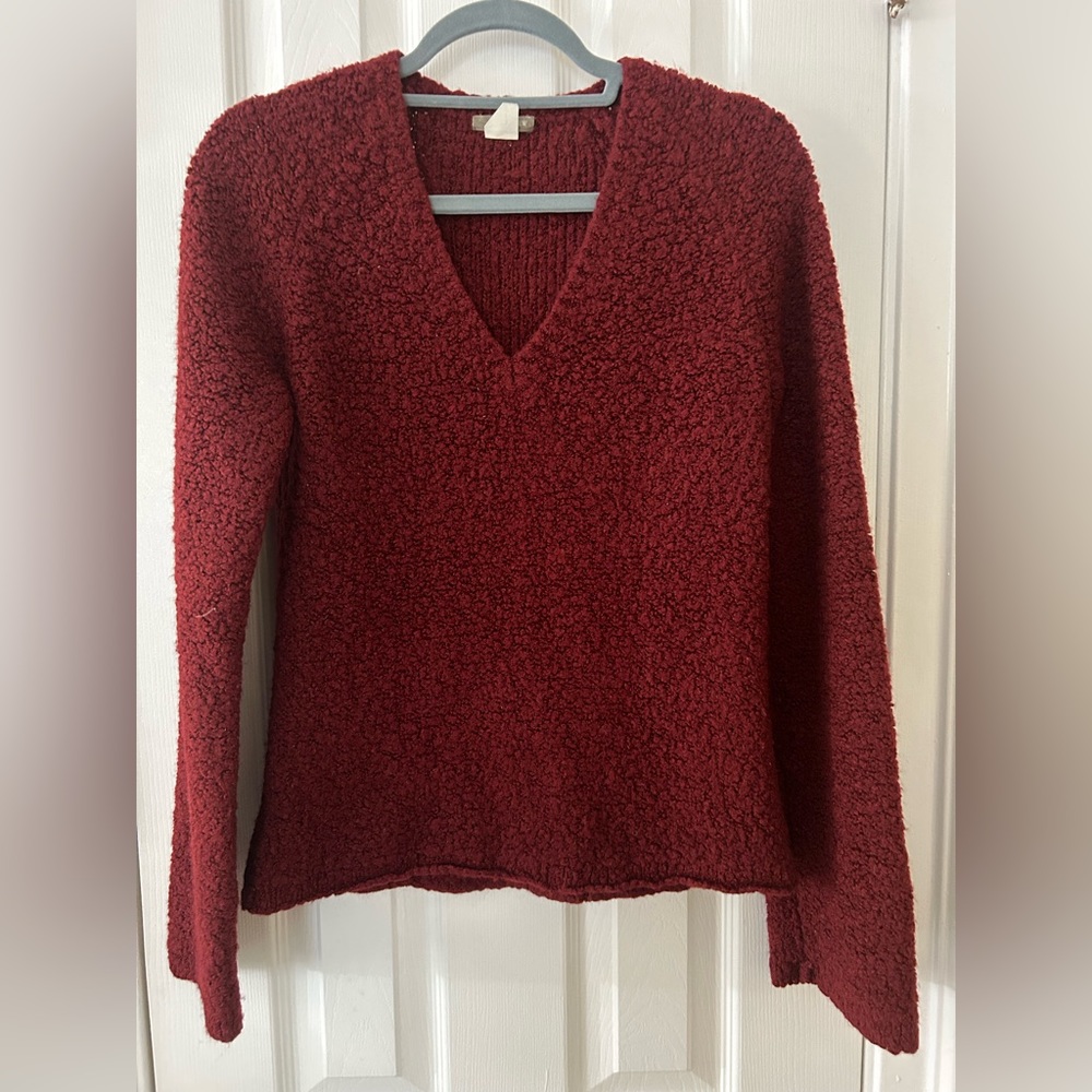J Crew Burgundy Knitted Sweater Bell Sleeve V Neck Size Women’s M